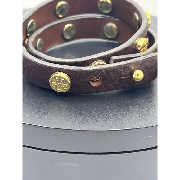 Tory Burch Jewelry Leather Brown Double Wrap Gold Logo Bracelet - Picture 6 of 7